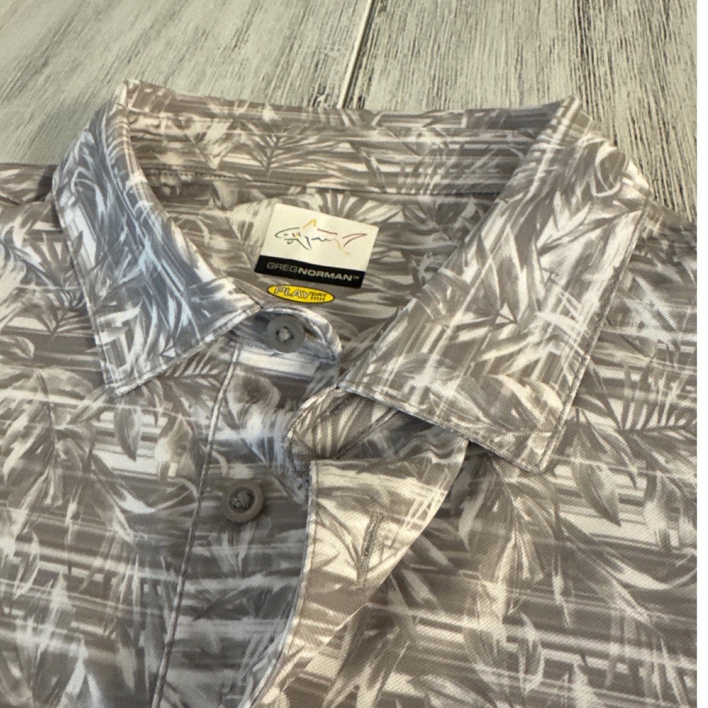 Greg Norman Play Dry Mens Golf Polo L Grey White Tropical‎ Palm Leaf Print Shark